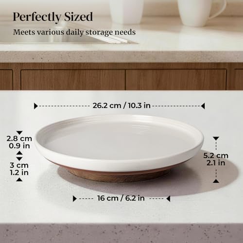 Ceramic Lazy Susan Turntable Organizer, 10.3 Inch Round Rotating Tray with Acacia Wood Base, White Speckled Glazed Spice