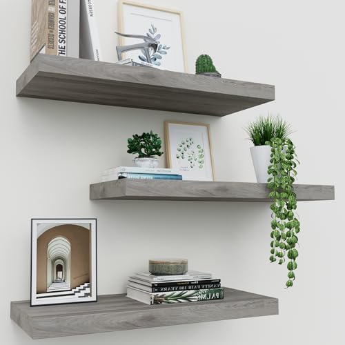Floating Shelves for Wall Set of 3, 16" Gray Wall Shelves for Home Decor