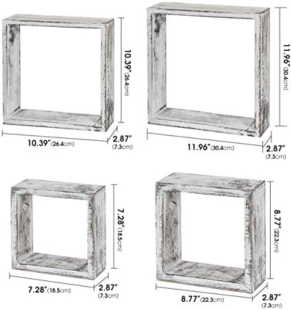 J JACKCUBE DESIGN Floating Hanging Square Shelves Wall Mounted Rustic Wood Cube Display Shelf Shadow Boxes Decorative Boho Home Décor for Living Room, Bedroom, Office, Set of 4 (White) - MK571C