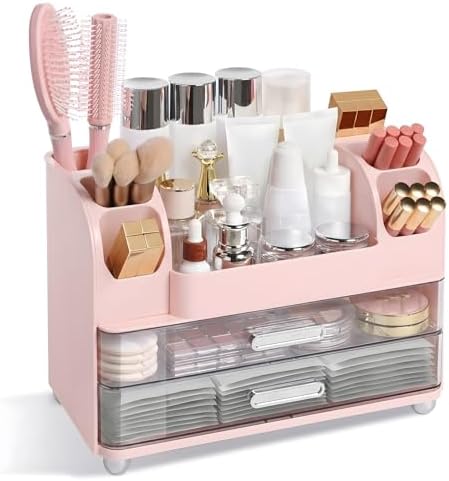 Makeup Organizer for Vanity with 2 Large Drawers and 6 Brush Holders, Pink