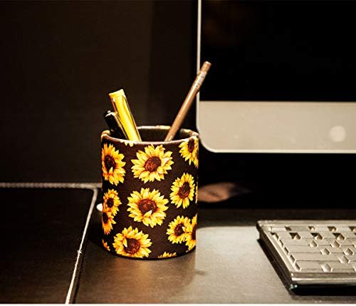 Sunflower Pen Cup, Premium PU Leather Pencil Holder, Women Makeup Brush Holder, Ideal Desk Organizer Gift for Office/Classroom/Home