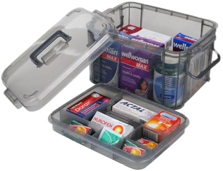 2-Tier Medicine Organizer - Plastic Portable Storage Box with Handle Grey