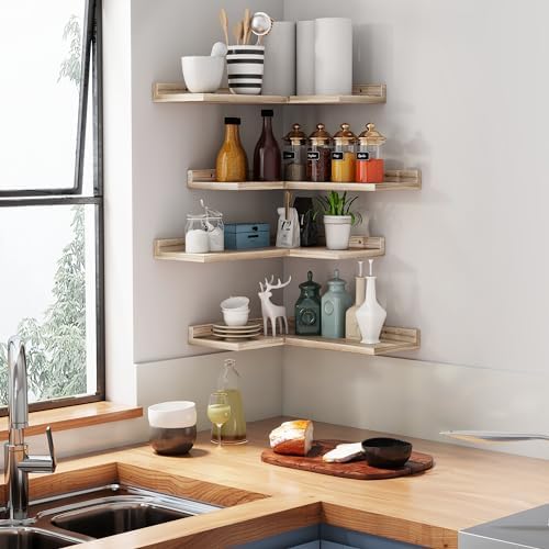 4 Tier Floating Corner Shelves - Set of 4 Rustic Wooden Floating Corner Wall Shelf with Cord Hole, L Shaped Corner Shelf