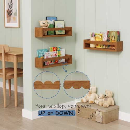 Scalloped Floating Shelves for Nursery, Walnut Scallop Kids Wall Book Shelf