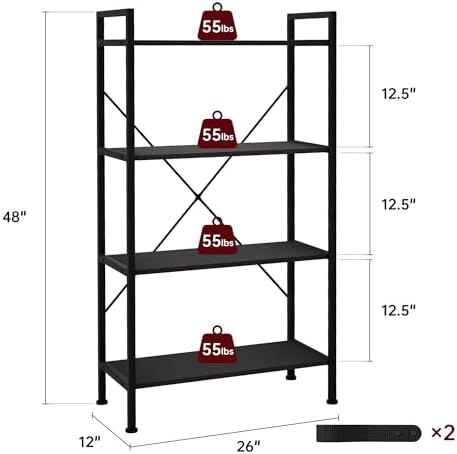 4 Tier Industrial Bookshelf, Storage Organizer, Dark Gray