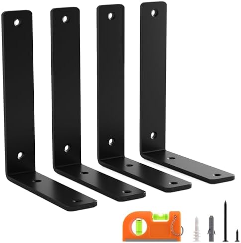 4 Pack 4 Inch Floating L Shelf Brackets for DIY,1/5 Inch Thick Heavy Duty Metal Shelf Bracket for Wall,Premium Black Pow