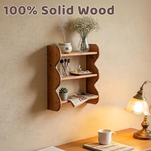 Vintage Wooden Wall Shelf, 100% Solid Wood 3 Tier Wall Shelves, Rustic Wall Mounted Home Decor Trinket Shelf Display She