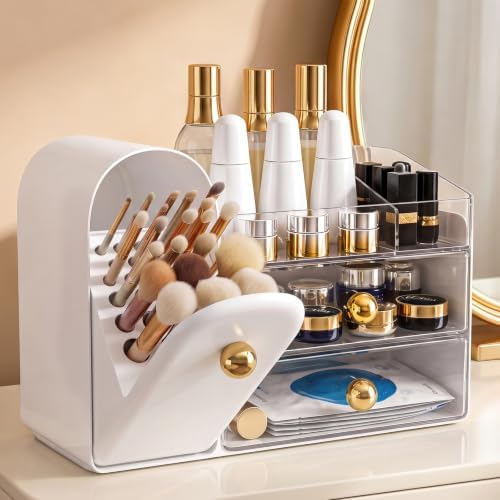 Makeup Organizer for Vanity: Skincare Organizers with Drawers & Brush Holder - Cosmetic Display Case Skincare Storage Bo
