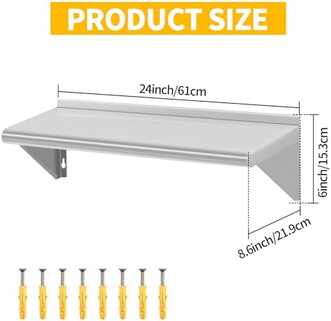 8.6" D x 24" W Stainless Steel Wall Mounted Shelves, 2 Packs Floating Shelving with Brackets, Commercial Shelf Perfect f