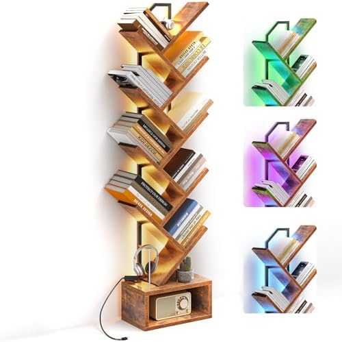 Casaottima Tree Bookshelf with LED Lights, 8-Tier Small Bookshelf, Vintage