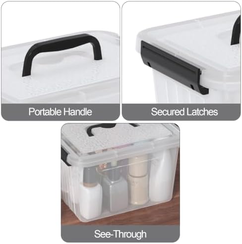 Sandmovie 6 Packs 6 Quart Clear Plastic Storage Bins with Lids, Plastic Organizer Boxes with Handles & Latches, Transpar