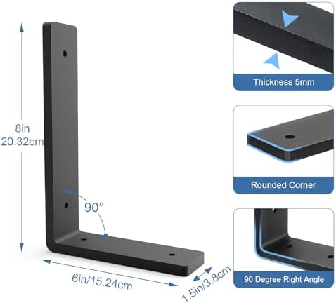 Heavy Duty Shelf Brackets, 4 Pack 8 Inch Black L Metal Shelving Brackets, 5mm Thick Rustic Shelf Support Bracket for DIY