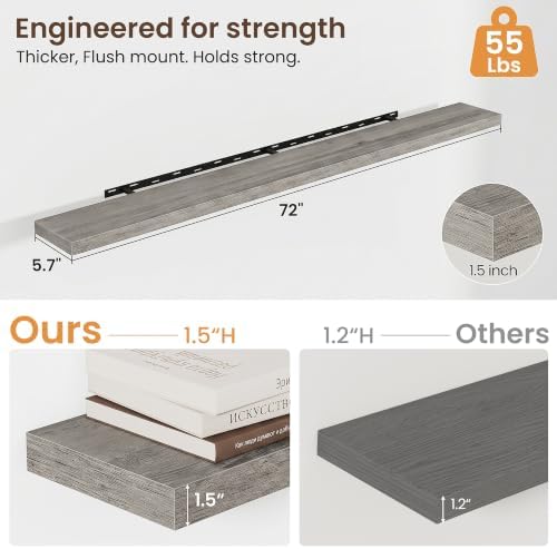 72 Inch Floating Shelves for Wall 2 Pack, Wood Wall Bathroom Shelves