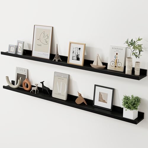 Acovy Long Floating Shelves for Wall, 55 inch Solid Wood Picture Ledge Shelf, Picture Shelf for Wall with Ledge, Floating Book Shelves for Living Room Bedroom Kitchen Nursery Decor, Black, Set of 2