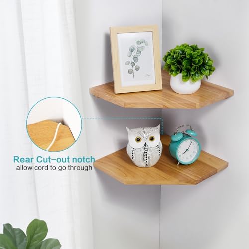 Corner Wall Shelves Set 2 Wire Hole Solid Oak Wood Display Shelf,Natural