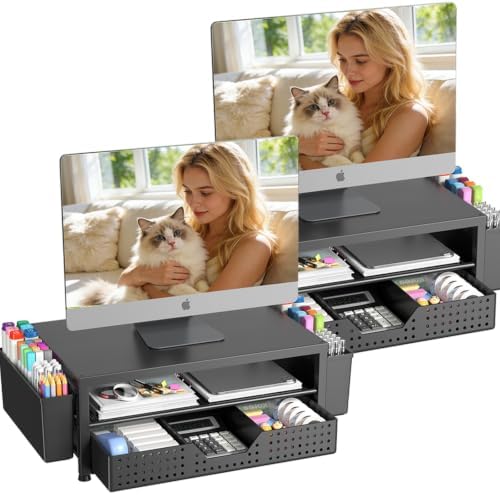 OPNICE Desk Organizers and Accessories, Computer Monitor Stand Riser with Drawer and 2 Pen Holders, Printer & Laptop Sta