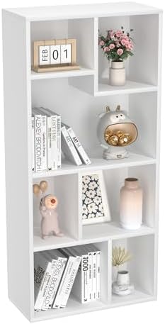 VECELO Wide Kids Staggered 7-Cube Bookshelf, Extra Large Freestanding Open Storage Organizer with Multi-Size Compartment