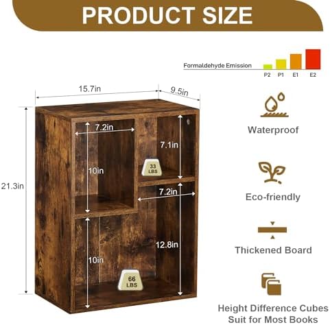 VECELO Small Brown Bookshelf, 21.3" H Freestanding Open Cubby Storage Cabinet,Storage Organizer with Uneven Compartments