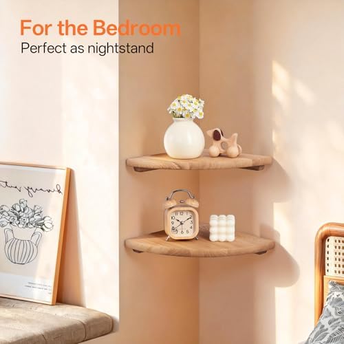 Gieanoo Floating Corner Shelves for Wall Set 2 9inch Solid Oak Rounded Corner Shelves Wall Mounted with Cable Hole Wood 