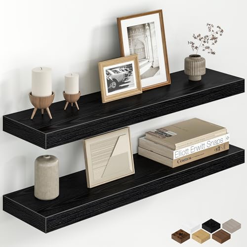 30 Inch Floating Shelves for Wall, Rustic Wood Wall Mounted Deep Storage Shelves with Invisible Brackets, Large Decorati