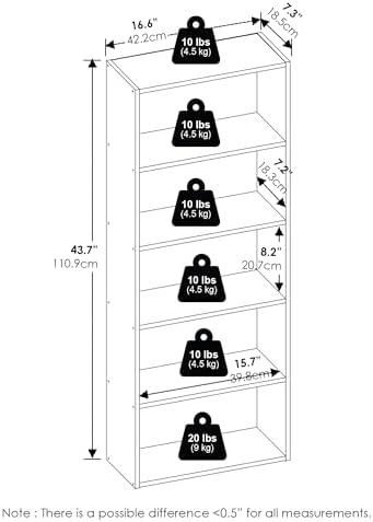 Furinno Basic Book Shelf, 5-Tier Bookshelf, Storage Organizer Bookcase with Open Shelf, 7 x 17 x 44, for Living Room, Be