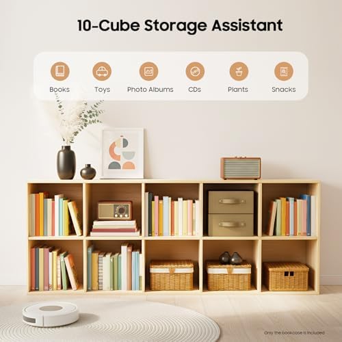 10-Cube Solid Wood Bookshelf, 2-Tier Storage Organizer Semi-Open Floor Display Shelf Closet Cabinet for Home Office Libr