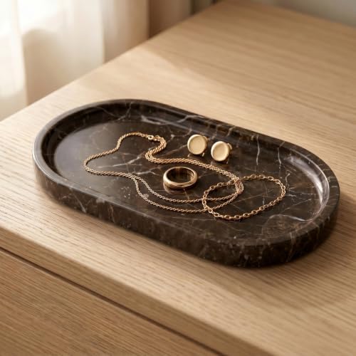 YKAJO Dark Emperador Oval Marble Tray, 9.8x4.7 Vanity Perfume Organizer