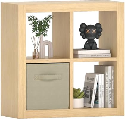 furtble Bookshelf with Storage Bin, 4-Cube Storage Organizer, Modern Wood Open Bookcase, Multifunctional Display Shelf f