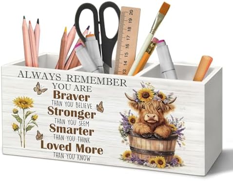 Inspirational Highland Cow Pen Holder Organizer for Desk Accessories, Positive Quote Heifer Wooden Box Sign Desk Decorations for Home Office Decor, Highland Cow Gifts for Women