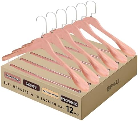 Wide Shoulder Wooden Hangers with Locking Bar, Cedar Wood, 12-Pack