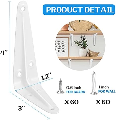 20 Pack Shelf Brackets 4 Inches White, Heavy Duty Steel Metal L Brackets for Shelves, J Brackets Wall Angel Corner Brace