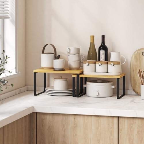 Kitchen Cabinet Organizer Shelf Set of 4, Sturdy Kitchen Counter Shelves with Metal Legs, Stackable Expandable Wood Spic