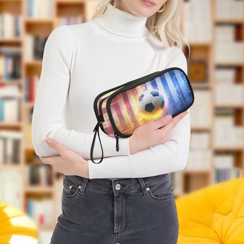 Wfrish Large Pencil Case,Soccer Ball Big Capacity Pencil Pouch 3 Compartments,Football Zipper Pencil Box, Back to School Supplies for Teen Girls Boy Student College Adults,Travel Essentials Black