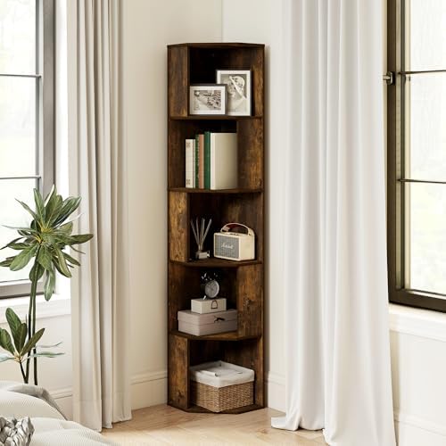 Black 5 Tier Slim Corner Bookshelf with Open Shelves, Wood Black Tall Corner Shelving Unit, Narrow Book Shelves for Bedr