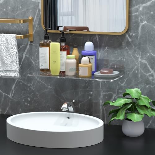 Sezanrpt 17 Inches Acrylic Wall Shelves 2 Pack, Floating Shelf for Wall Mounting, Acrylic Display Ledges for Funko Pop Figures, Home Décor, Living Room, Gaming Room, Plants(17 inch, Clear)