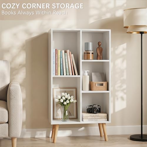 YAHARBO Small White Bookshelf,3 Tier Modern Kids Bookcase with Legs,5 Cube Wooden Bookshelves Storage Shelf,Book Shelves