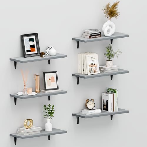 SKYSEN Floating Shelves for Wall Set of 6, 15.7in Wood Wall Shelf for Decor, Bathroom, Bedroom, Storage, Book,Kitchen, L