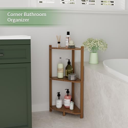 Wisuce Bamboo Small Corner Shelf Stand, 3-Tier Brown Corner Bookshelf