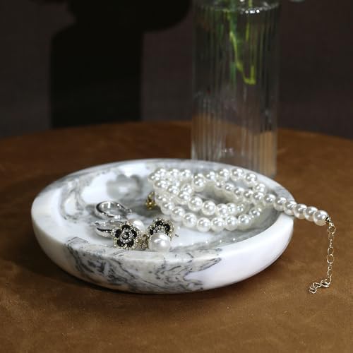 DUANYAN 5.5" Marble Jewelry Tray for Vanity, Small Marble Trinket Dish Tray