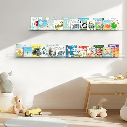 HBlife 48 Inches Invisible Wall Floating Bookshelf for Kids and Nursery, Clear Acrylic Shelves for Figures, 16 Inch Stud