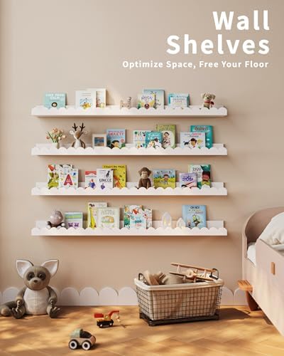 Shario Nursery Book Shelves, 4-Pack White Floating Shelves for Wall Kids, Scalloped Shelves, Wall Book Shelves for Bedro