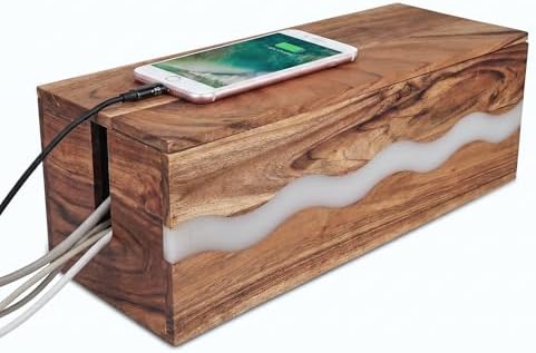 Acacia Wood & Epoxy Cable Management Box, 16X 6 X 5.5 Cable Hider Box, Cable Organizer Box Ideal for Under Desk Cable Ma