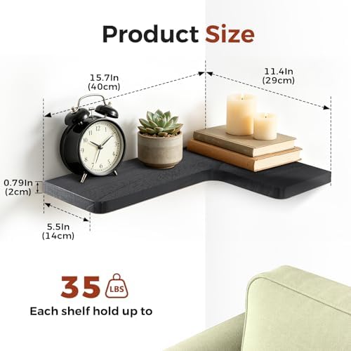 Solid Wood Corner Floating Shelves, L-Shaped, Black, Set of 4