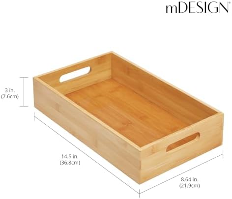 mDesign Kitchen Storage Box – Open-Top Bamboo Storage Tray with Handles – Versatile Cupboard Organiser for Shelves, Pant