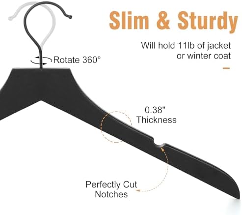 TOPIA HANGER Wooden Hangers 20 Pack, Rubber Wood Clothes Hangers with Rotatable Black Hook and Smooth Cut Nothces, Durab