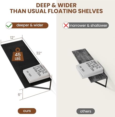 Heimlove 32W x 12D Deep Floating Shelves Set of 2 Black
