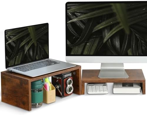 TEAMIX 2-Pack Monitor & Laptop Stand Riser, Wood High-Low Dual Monitor Set