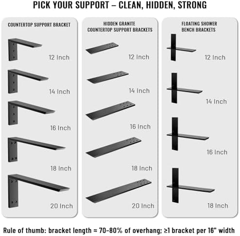 3/8" Thick Heavy-Duty Floating Shower Bench Brackets - 16" L x 2.5" W Wall Mount Bracket, Free Hanging T Shelf Support B