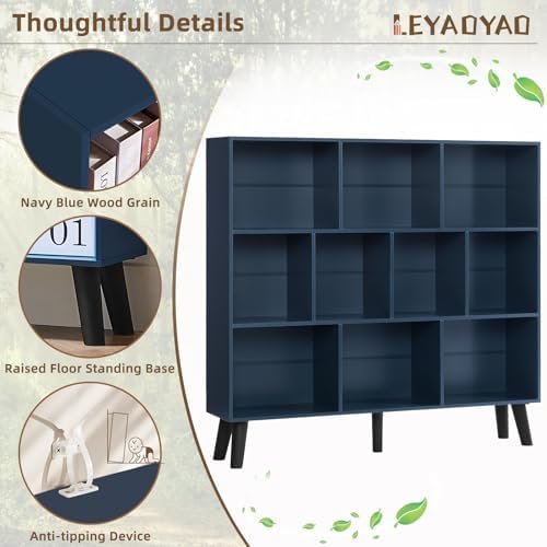 LEYAOYAO 10 Cube Bookshelf,Mid-Century Modern Bookcase with Legs,Dark Blue
