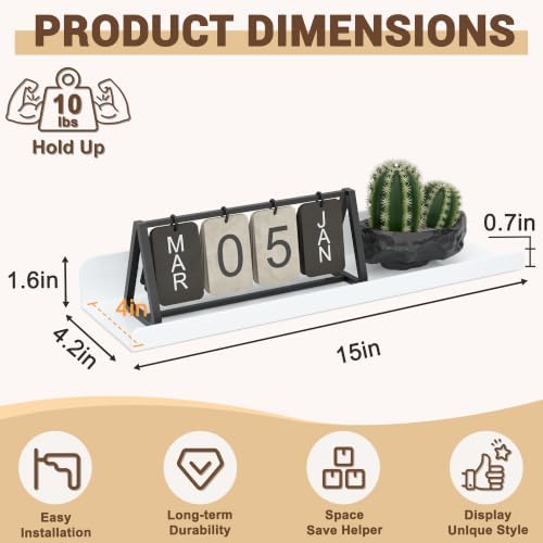 Qukaka 15" Floating Shelves for Wall, 3 Pack Pure White Display Ledges